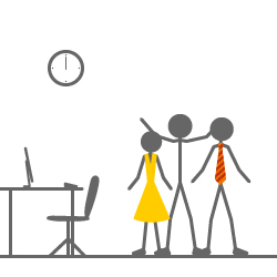 Animation "Aktive Pause" - Drei Strichmännchen, eines im Kleid und eines mit Krawatte, stehen im Büro, machen Mittagspause und bewegen ihre Arme nach oben und unten. Links ist ein Schreibtisch zu sehen und eine Uhr an der Wand zeigt 12 Uhr an.