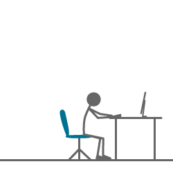 Animation "Aktives Sitzen" - ein Strichmännchen sitzt mit rundem Rücken am Schreibtisch vor dem Monitor und beugt sich dann nach hinten, streckt den Rücken durch und minnt die Arme nach oben.